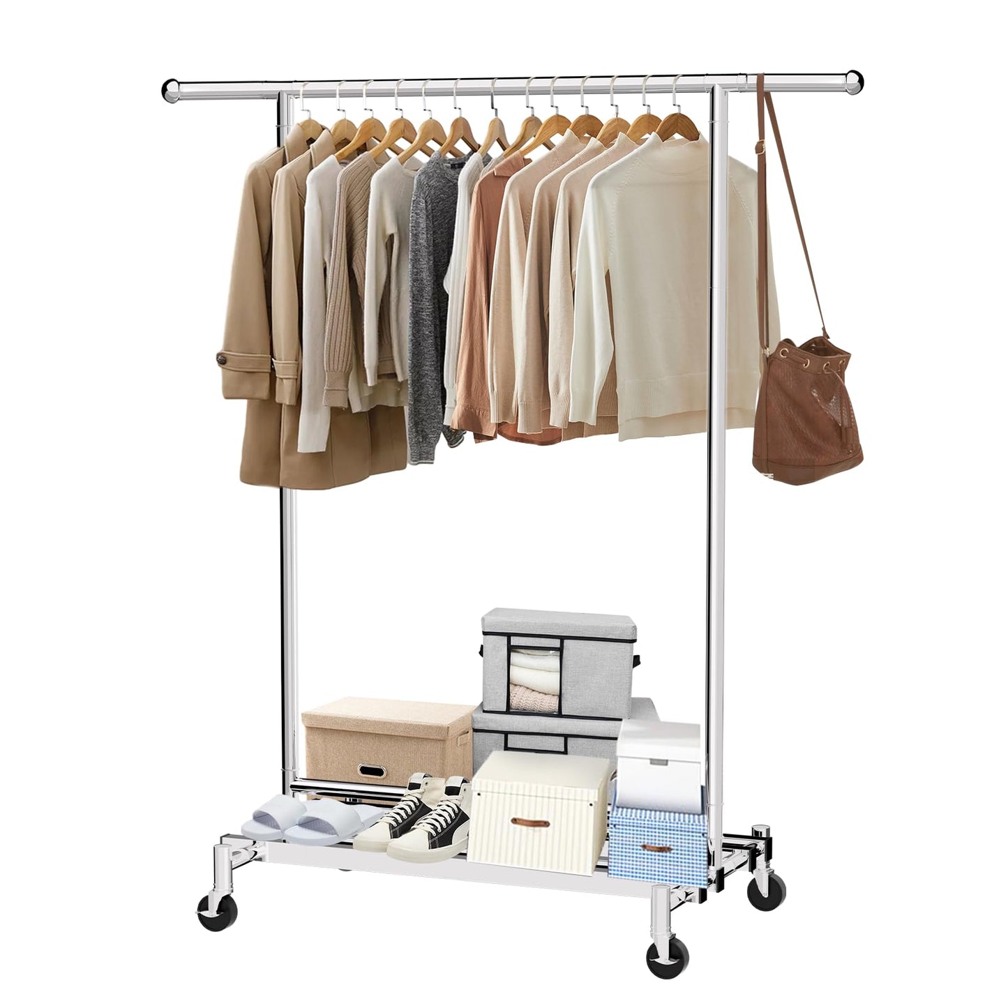 mahumahu Clothes Rack, 480LBS Clothing Rack with Wheels & Shelf, Rolling Racks for Hanging Clothes Portable Adjustable Garment Racks
