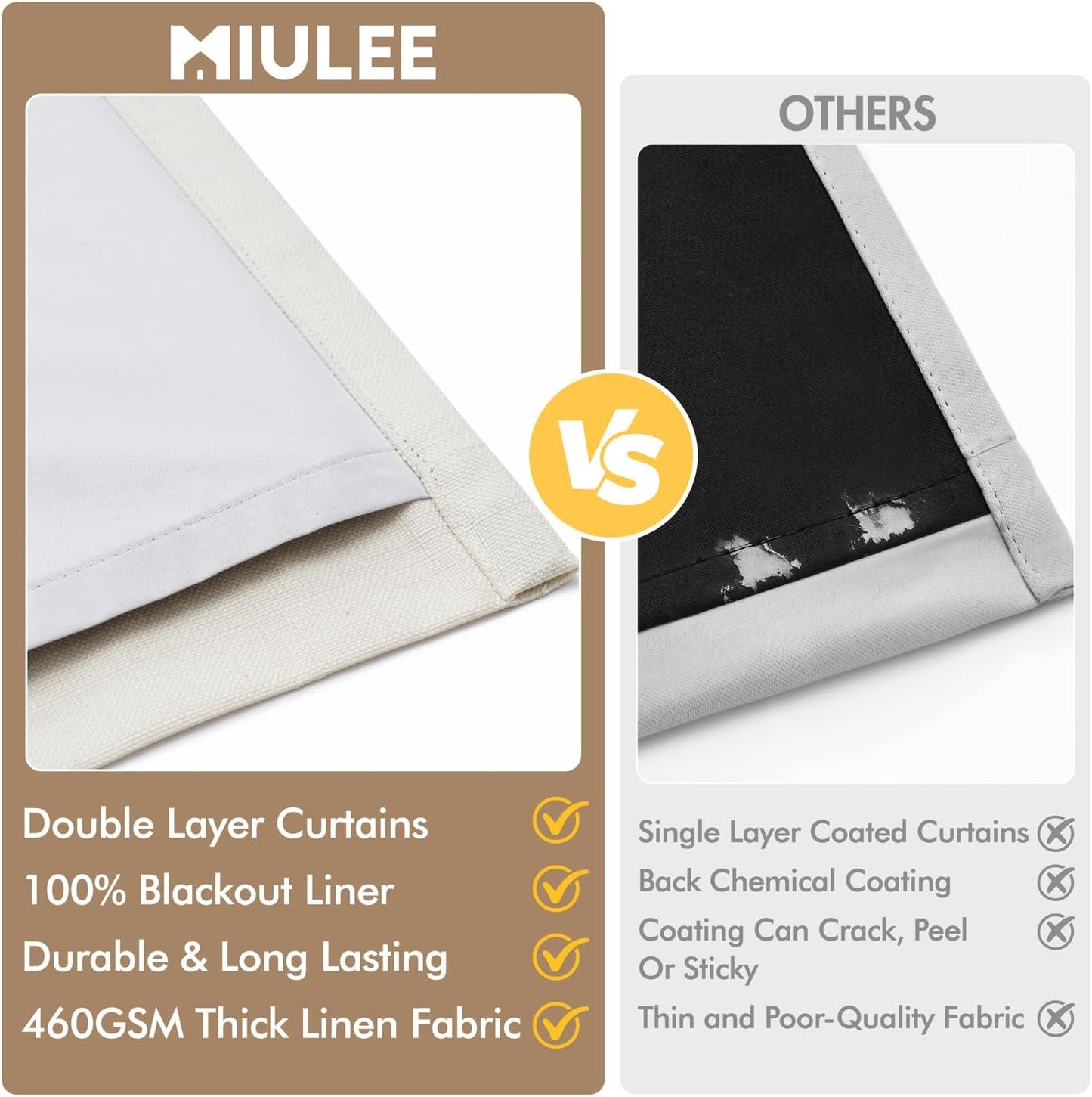 MIULEE 100% Blackout Curtains - Thick Linen, Memory Trained Pleat, 90 Inch Long, Birch | 4 Panel Set for Bedroom & Living Room