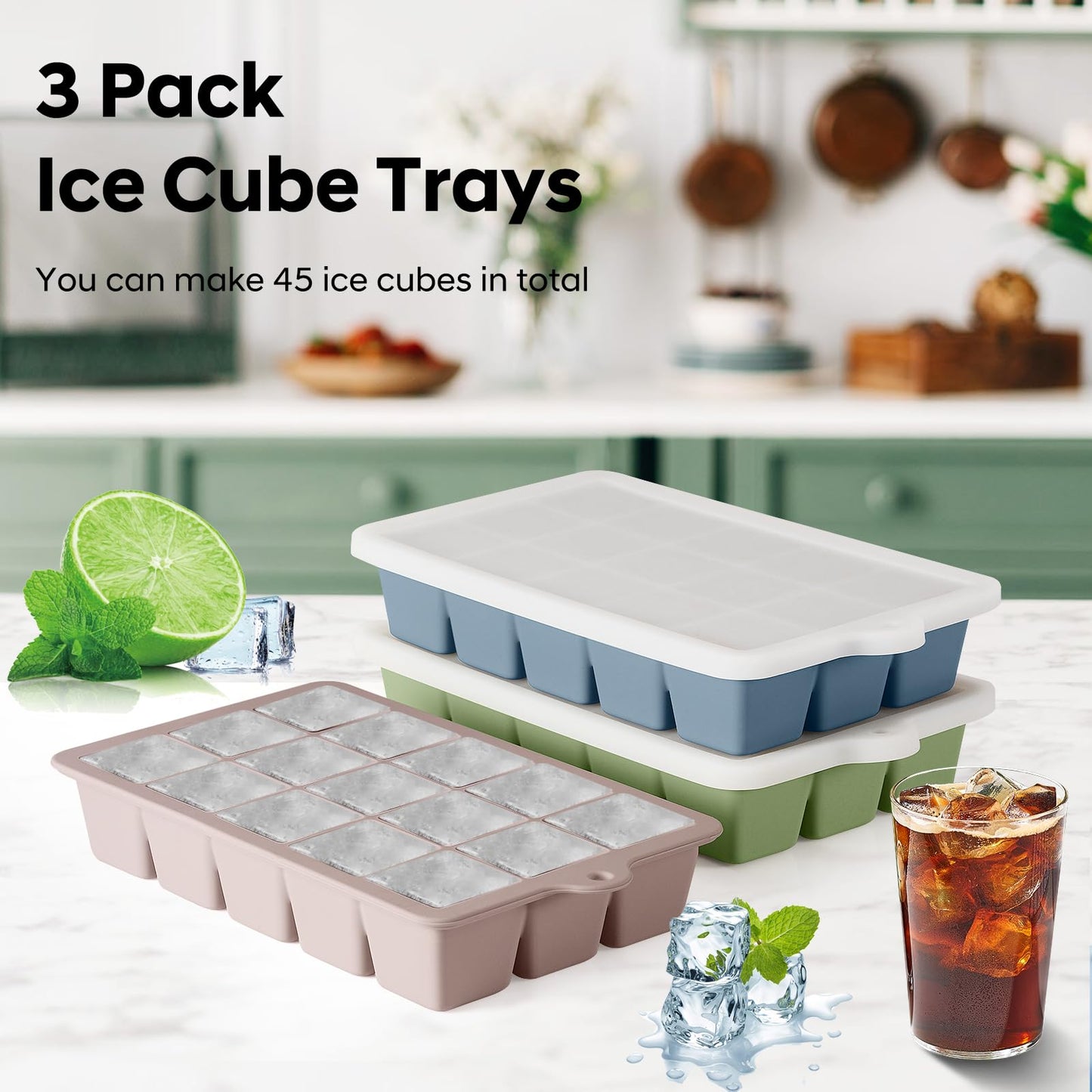 Silicone Ice Cube Tray 3 Pack, HANCELANT Ice Cube Mold, Ice Trays for Freezer with Lid for Whiskey, Cocktail, Drinks and Food, Freezer, BPA Free, Easy Release
