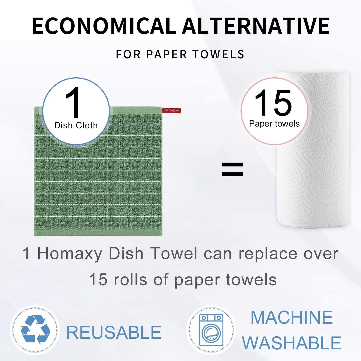 Homaxy 100% Cotton Terry Kitchen Dish Cloths, Ultra Soft and Absorbent Dish Towels for Kitchen, Suitable for Drying and Washing Dishes, 12 Pack, 12 x 12 Inches, Grass Green