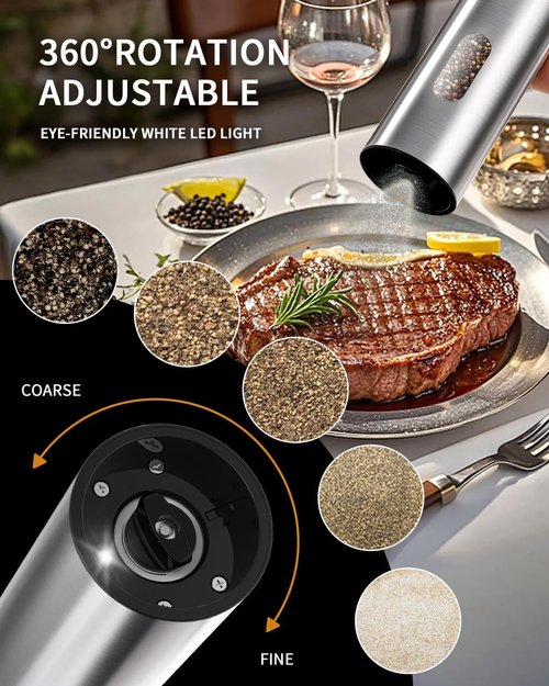 CIRCLE JOY Electric Salt and Pepper Grinder Set - Rechargeable Stainless Steel Mill with LED Light & Adjustable Coarseness | 110ML Top-Fill
