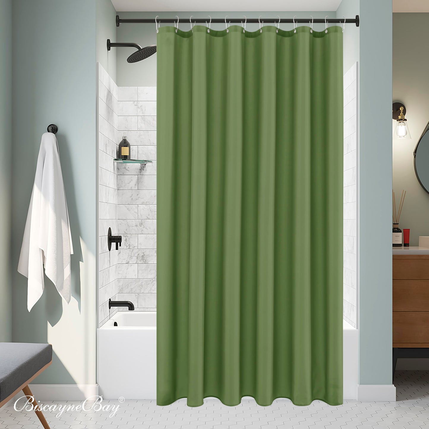 Biscaynebay Hotel Quality Fabric Shower Curtain Liners 72 Inch by 72 Inch, Sage Water Resistant Bathroom Curtains Rust Resistant Grommets & Weighted Bottom Hem Machine Washable