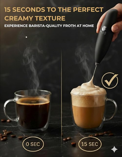 Bean Envy Milk Frother - Handheld Coffee Frother with Stand for Lattes, Cappuccino & Matcha - Black