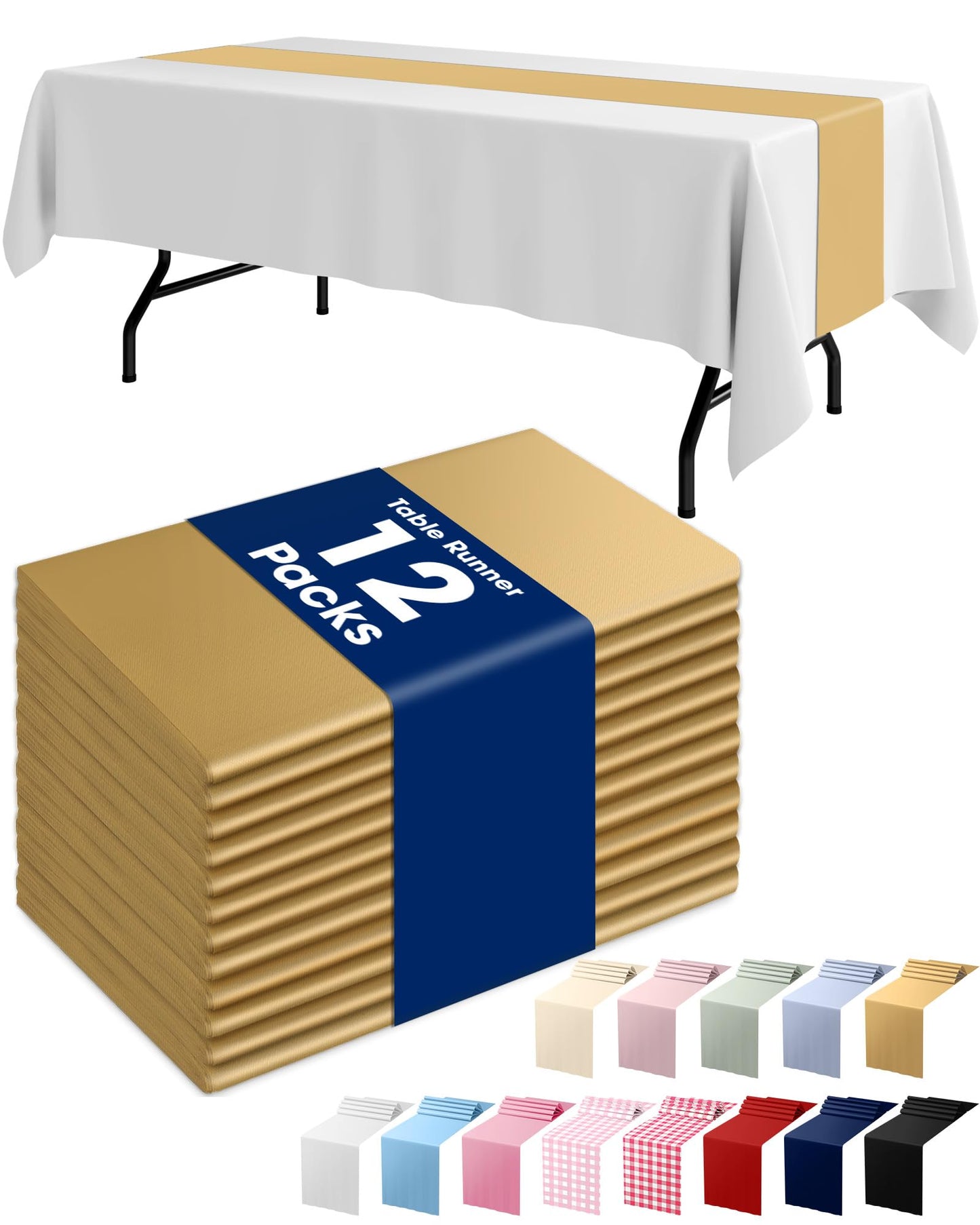 Pureegg Gold Plastic Table Runners - 12 Pack, 14'' x 108'', Water Resistant & Disposable Centerpiece Decorations for Table Cloth, Wedding, Birthday, Holiday, Baby Shower, Party, Home Decor