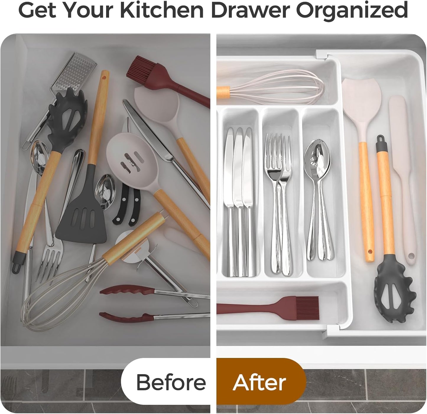 Ukeetap Extra Large Silverware Organizer - BPA-Free Adjustable Cutlery Holder for Kitchen Drawers | White