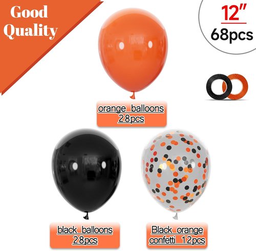 68Pcs Black and Orange Balloon Set - 12 Inch Latex Balloons with Confetti Ribbons for Halloween & Graduation Decor