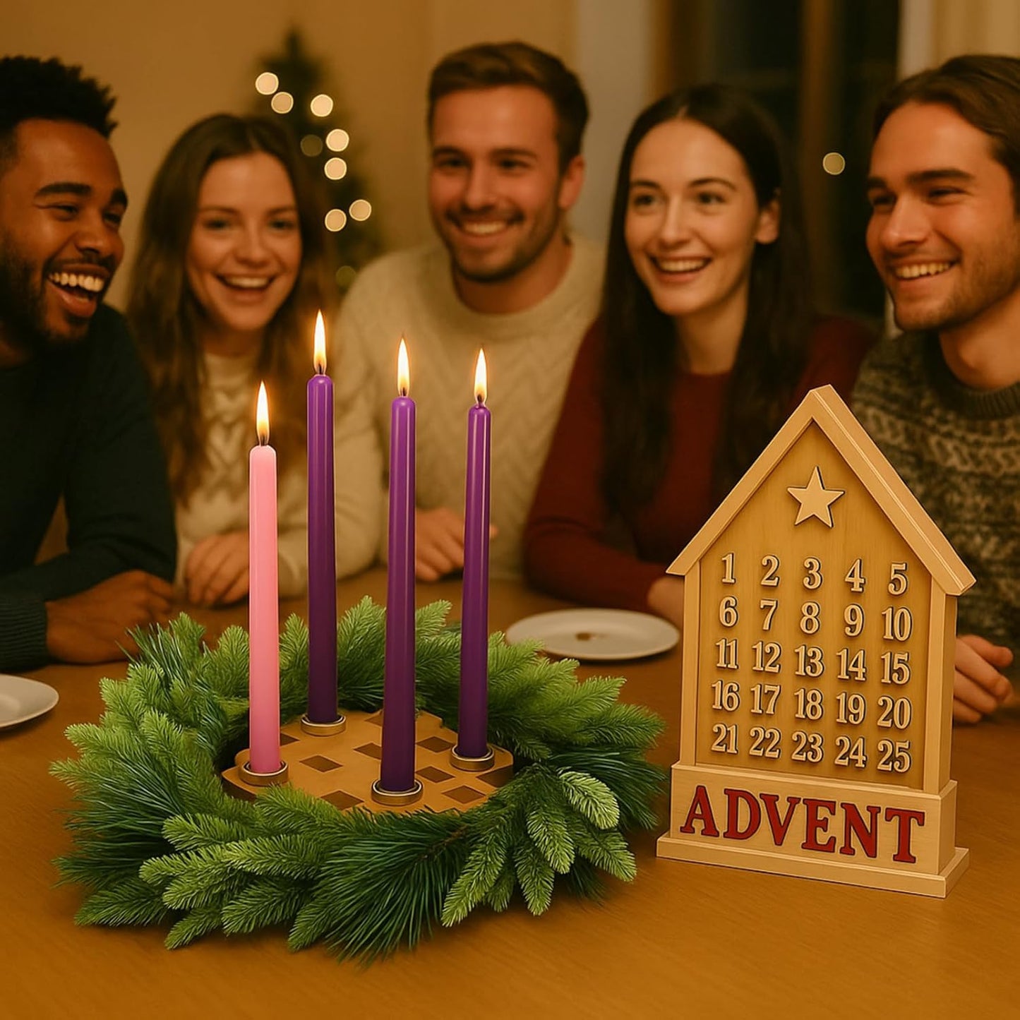 Mumufy Advent Candle Holder Set - 5 Pcs Snowflake Wooden Centerpiece with Purple & Pink Taper Candles