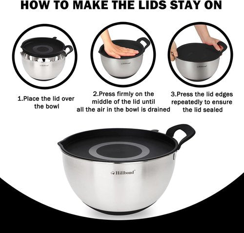 Hillbond Stainless Steel Mixing Bowls Set - 3 Bowls with Lids, Pour Spout & Non-Slip Bottoms | Black