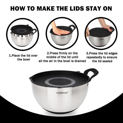 Hillbond Stainless Steel Bowls with Lids Set Mixing Bowls with Pour Spout, Silicone Handle and Non-Slip Bottoms for Baking, Metal Bowls Mixing Dishwasher Safe, Set of 3 (Black)