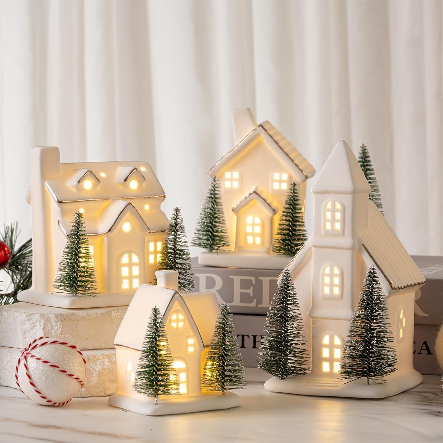 Skiennix Ceramic Christmas Village Set - LED Porcelain Houses with Xmas Trees | 4-Piece Tabletop Decor