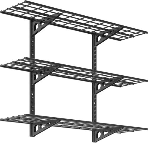 FLEXIMOUNTS 3-Tier Garage Storage Wall Shelving - Adjustable Heavy-Duty Floating Shelves | 600lbs Capacity, Black