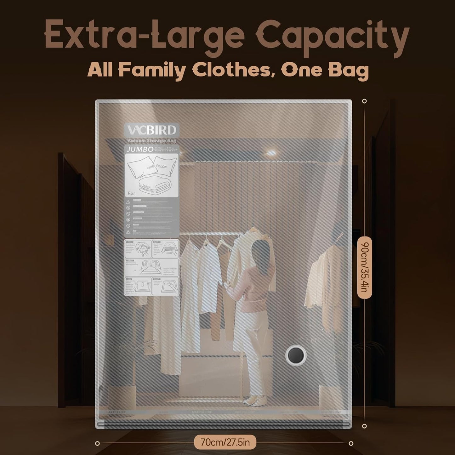 Vacbird Jumbo Vacuum Bags - 15 Pack for Clothes Storage | Space Saver for Luggage & Moving