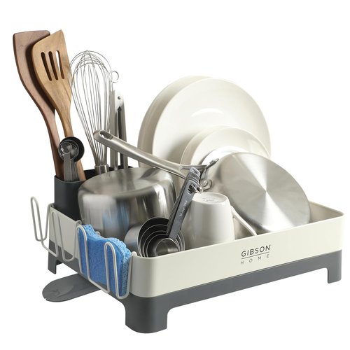 Gibson Home Nestcraft Dish Rack - Full Size Rust Resistant with Drain Board & Flatware Caddy | White