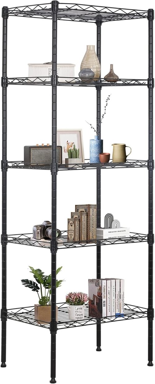 FDW Wire Shelving Unit - 5 Tier Adjustable Metal Storage Rack for Kitchen & Garage | 17L x 12W x 48H, Black