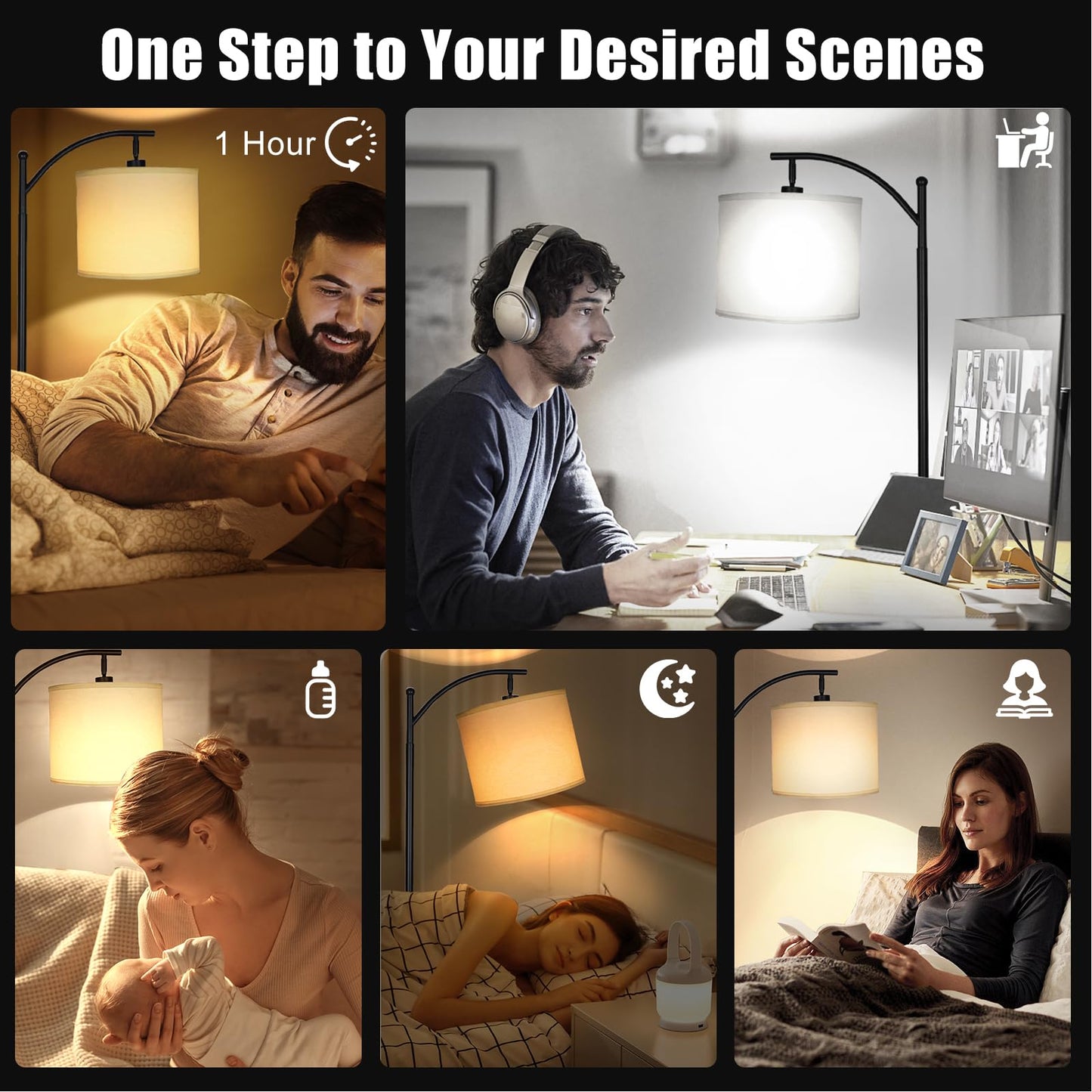 mukuxin LED Floor Lamps for Living Room, 12W Modern Arc Floor Lamp with Remote & Adjustable Linen Lampshade, Stepless Dimmable Tall Standing Lamp for Bedroom Office Reading (White Shade)