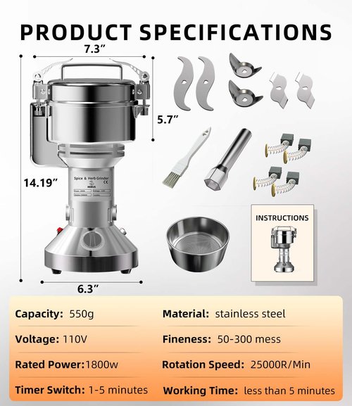 Electric Grain Mill 550g, Flour Grinder Mill Stainless Steel for Home, Counter Grain Grinder for Wheat, Rice, Wheat Berry, Corn, Herbs, Spices
