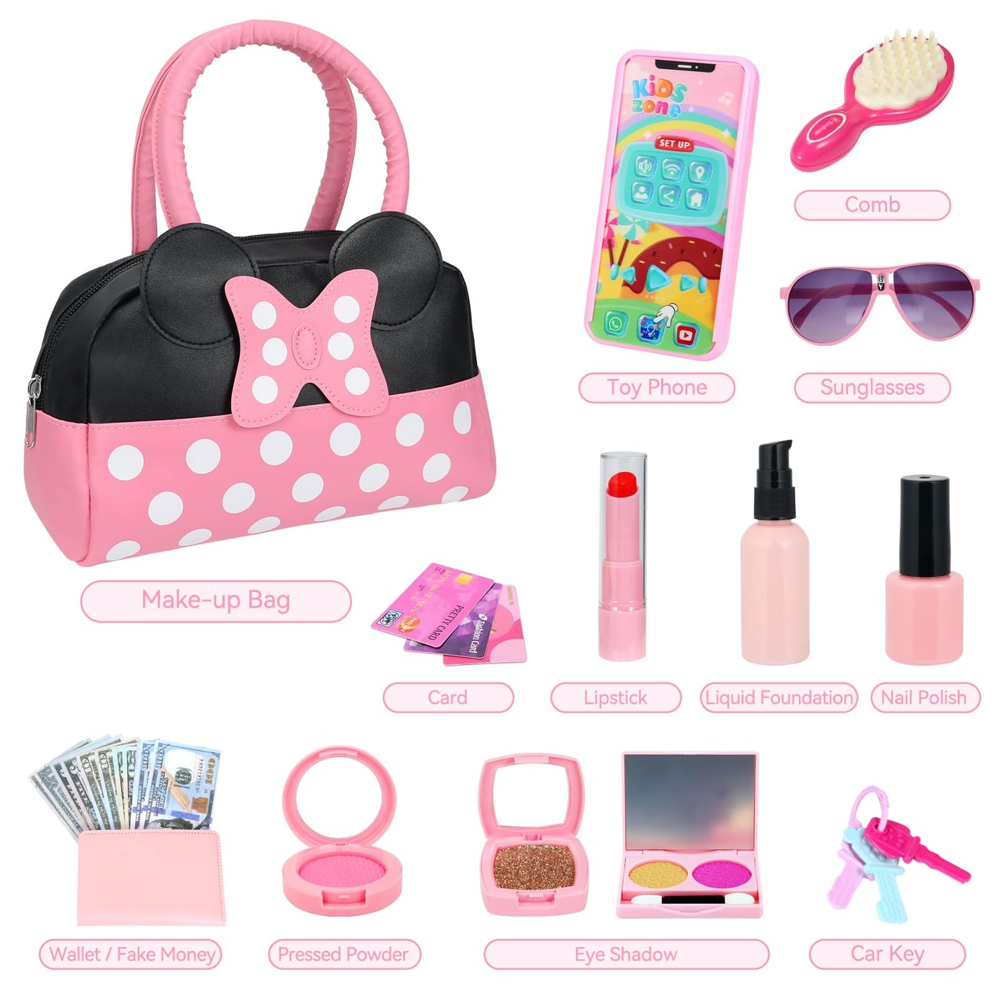 Pretend Play Purse for Little Girls, Toddler Purse with Pretend Makeup Toys for Toddlers, Princess Pretend Play Purse Toys with Accessories, Kids Purse Toy Birthday Gift for Girls Age 3 4 5 6+