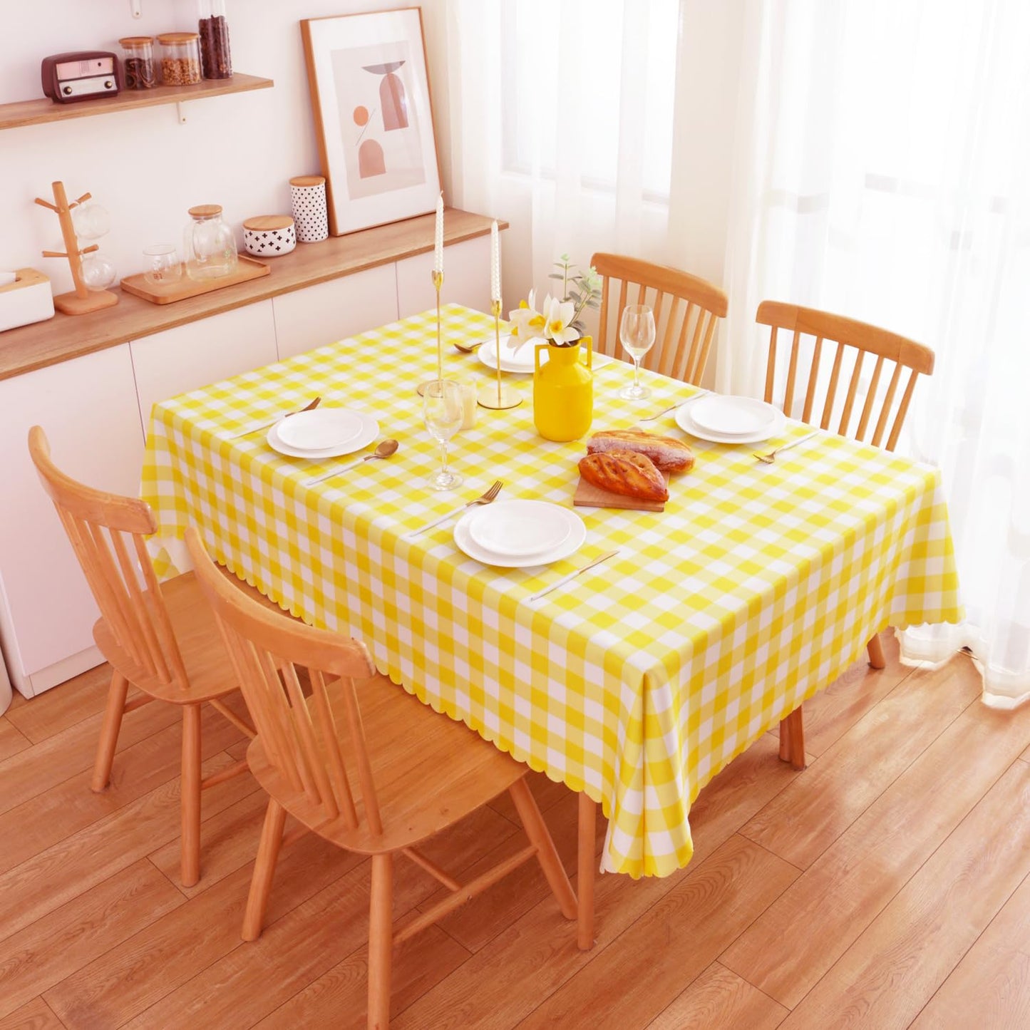 MANGATA CASA 2PCS Yellow Gingham Tablecloth for Rectangle Tables-Checkered Table Cloth Waterproof Kitchen & Table Linens-Polyester Buffalo Plaid Wrinkle Free Table Cover(Light Yellow 60x84in)
