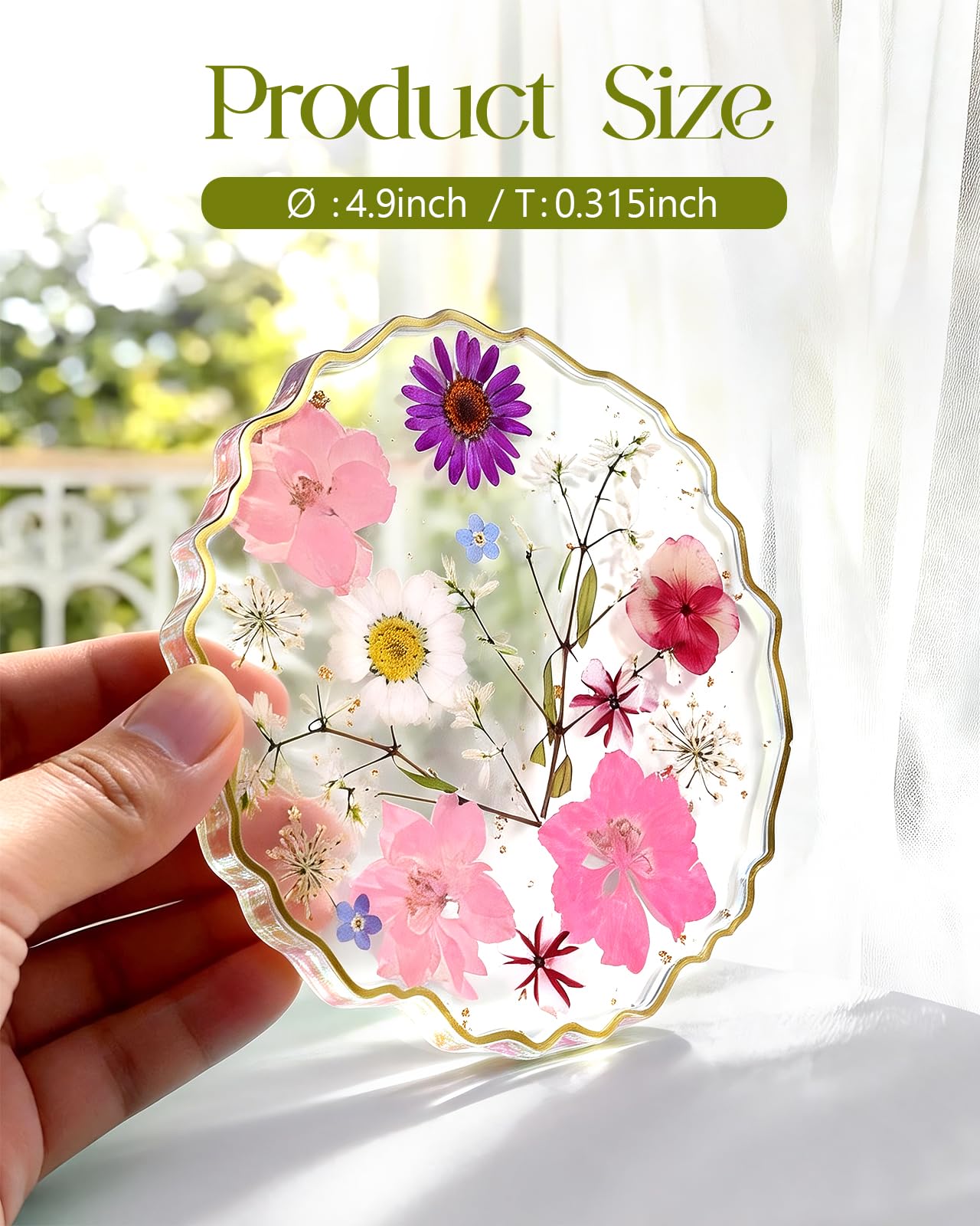 Oqplog Resin Drink Coaster for Desk Coffee Table-Pink White Cute Dried Flowers Cup Coaster for Work Office Home Outdoor Decor Gifts for Girls Women,1 Pcs Wave