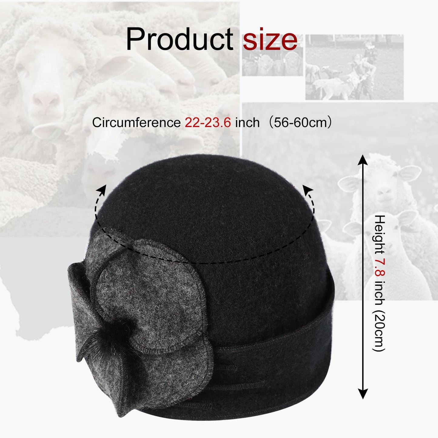 Sumolux Beanie Hats for Women Wool Skull Cap Beret Floral Cuffed French Vintage Dress Cloche Classic Winter 1920s Black Grey