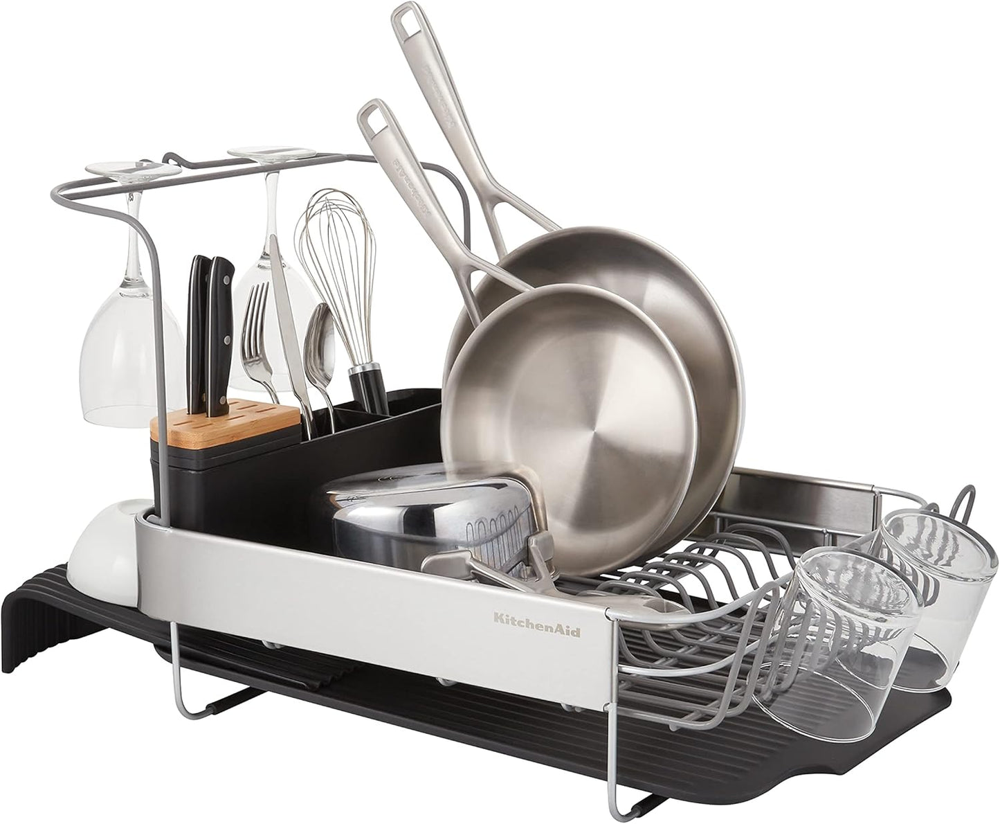 KitchenAid Expandable Dish Rack - Rust Resistant with Angled Self-Draining Drainboard, 24-Inch, Black