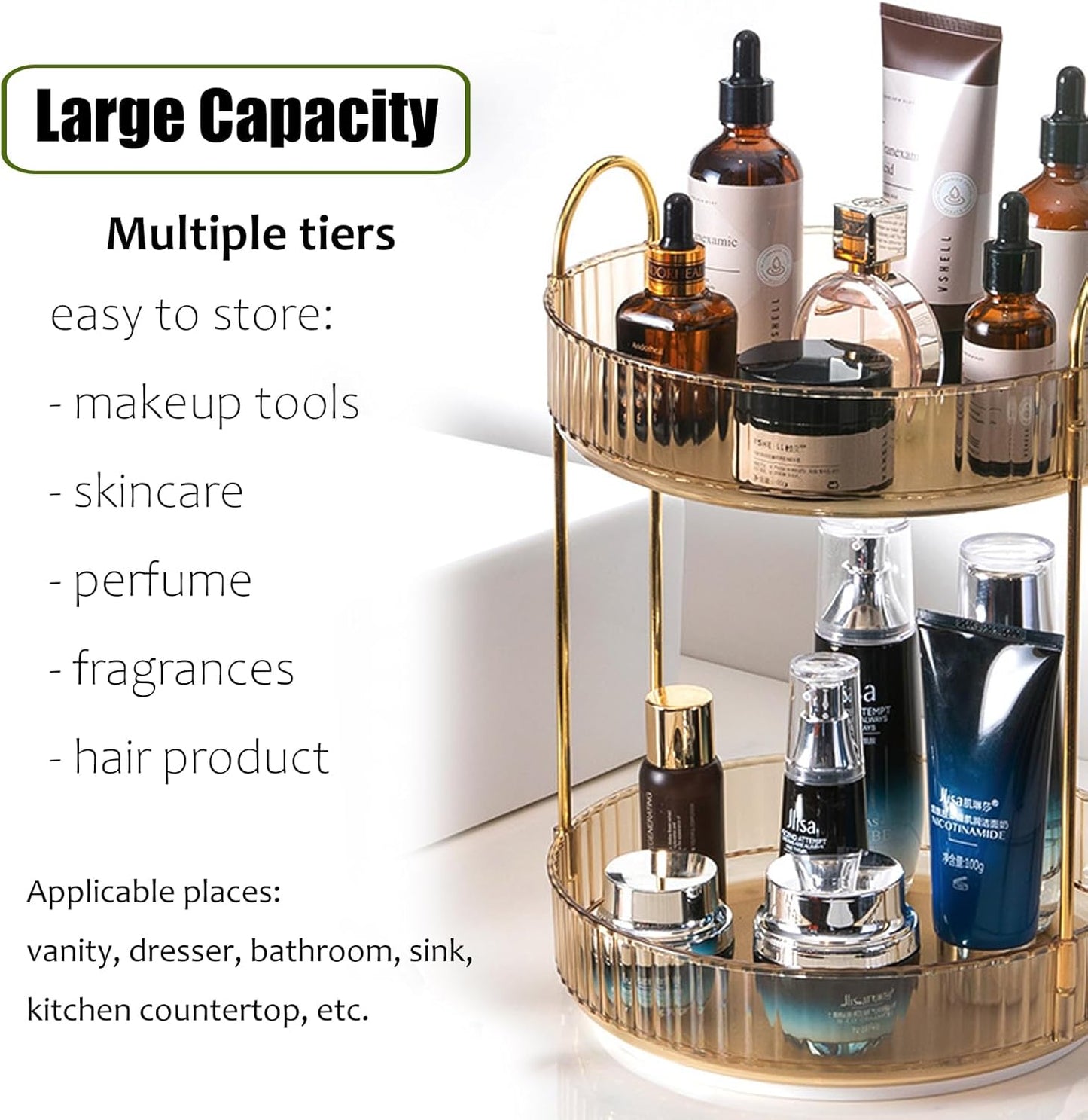 Skiennix Rotating Makeup Organizer - 2-Tier Clear Lazy Susan Trays for Bathroom & Vanity Storage