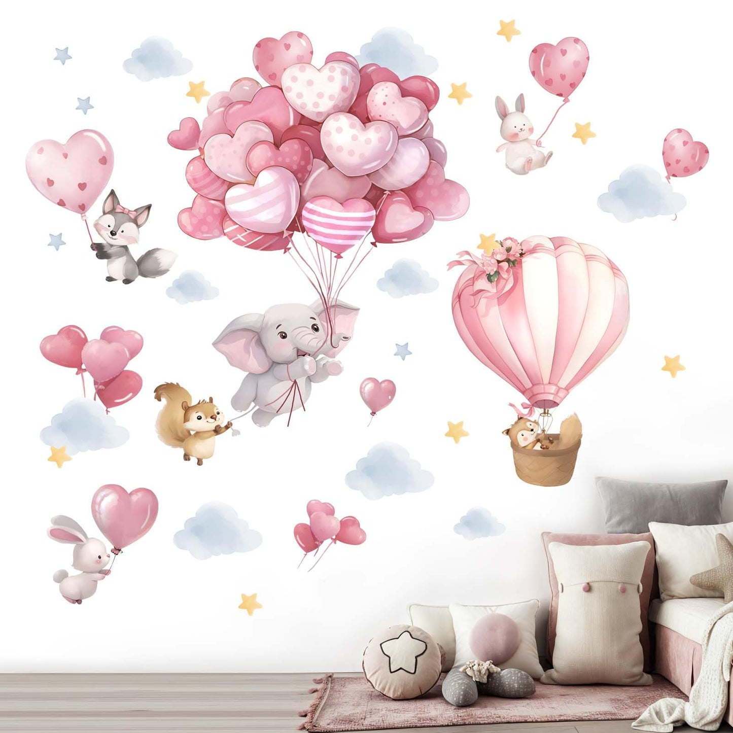 Animals Balloon Wall Stickers for Nursery: Baby Girls Kids Boys Bedroom Wall Decals - Pink Hot Air Balloon Elephant Fox