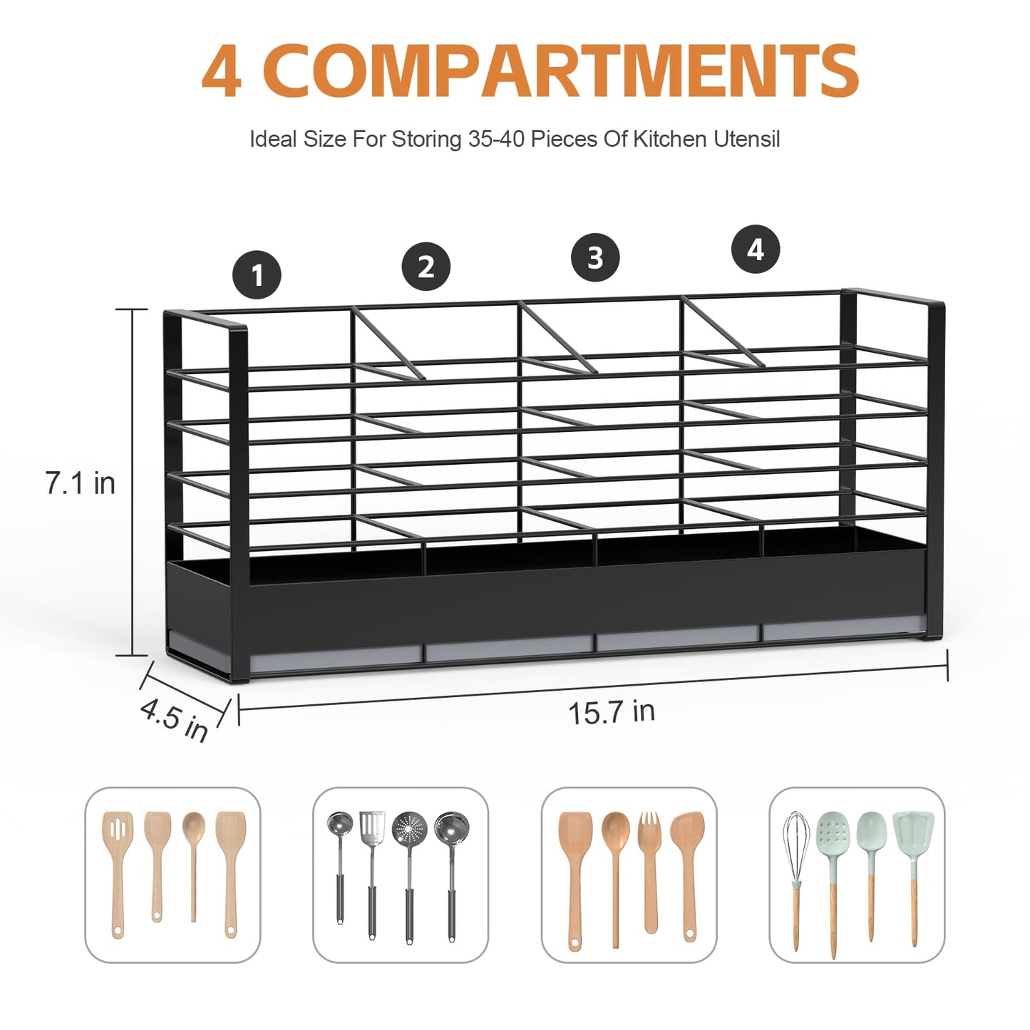 VEESUN Large Utensil Holder with Diatomaceous Earth Base, for Kitchen Counter, Cooking Utensil Organizer, 4 Compartments