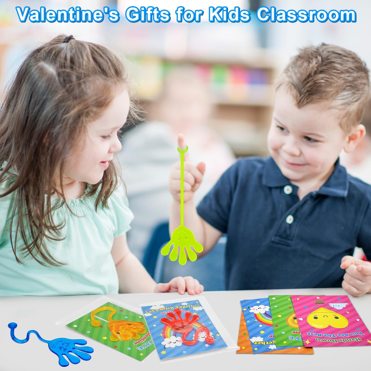 Preschool Valentines Day Gifts for Kids Classroom,28 Pack Valentine Sticky Slappy Hands Toys with Exchange Cards,Valentine Non Candy Party Favors,School Classroom Treats & Prizes for Toddler Boys Girl