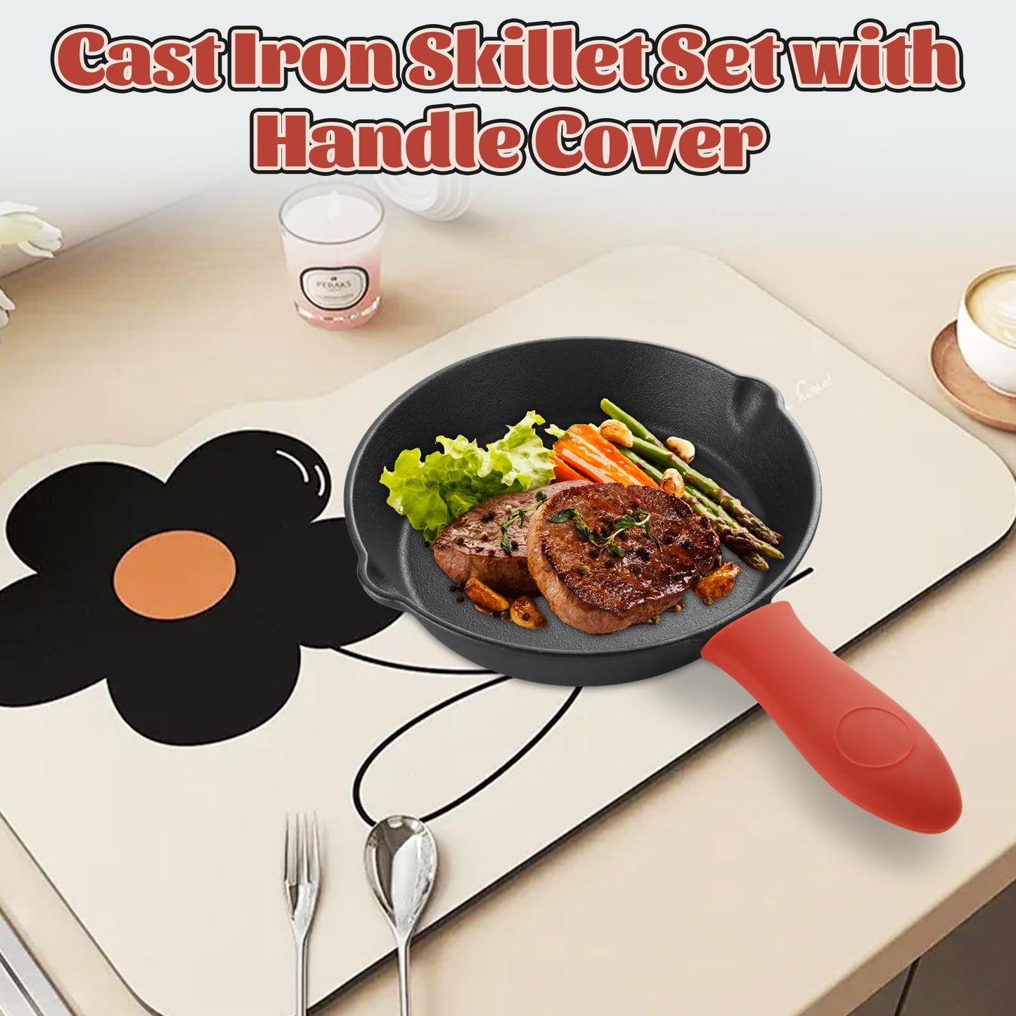 QTLCOHD 3 Pcs Cast Iron Skillet Set, 6, 8, 10 Inch Non Stick Cast Iron Frying Pans with Heat-Resistant Handles for Stove, Oven, Grill & Campfire, Black