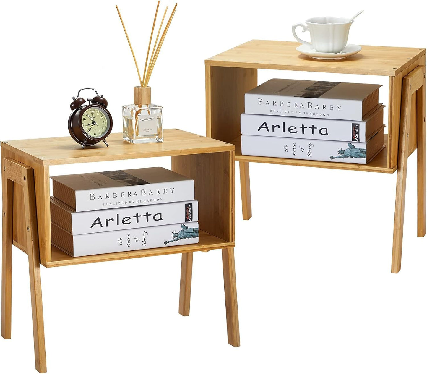 Pipishell Nightstands - Set of 2 Bamboo Bedside Tables with Storage Shelf | Natural Finish for Small Spaces