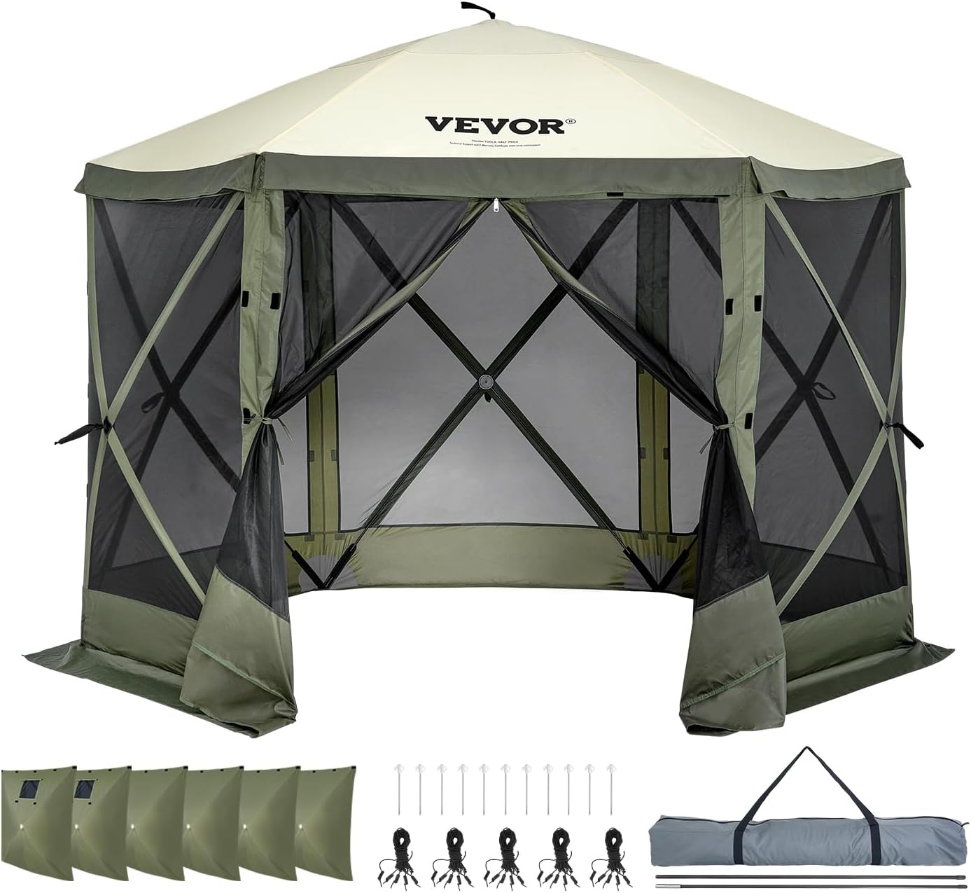 VEVOR Pop Up Gazebo | 6-Sided Canopy Sun Shelter with Removable Privacy Cloths | 10x10FT Army Green