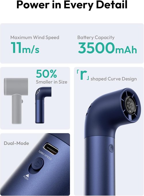 Aecooly Portable Handheld Fan - Powerful Turbo Air Tube Design | 19000 RPM, 15H Cooling, Mini Size - Blue