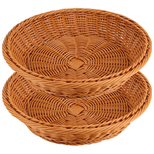 RT&BS 2pcs Round Wicker Bread Basket, Round Wicker Fruit Basket, Woven Egg Baskets, Reusable Handwoven Storage Baskets for Living Room, Kitchen, Store, Restaurant, Outdoor, Party (Brown, M)