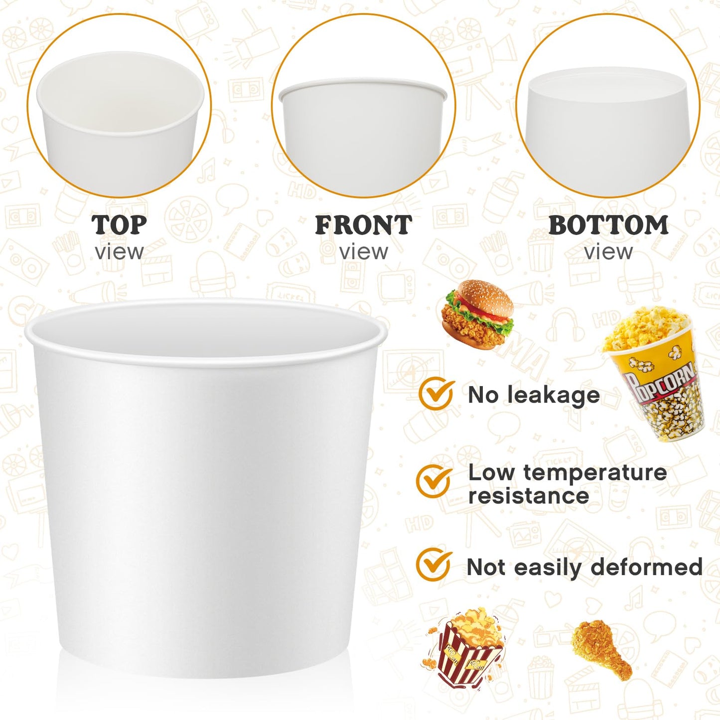 Hoolerry 25 Pcs 85 oz Paper Bucket Cardboard Food Bucket Bulk Disposable Food Container for Birthday Party, Wedding, Baby Shower, Event Gather Party Supplies (Cardboard,White)