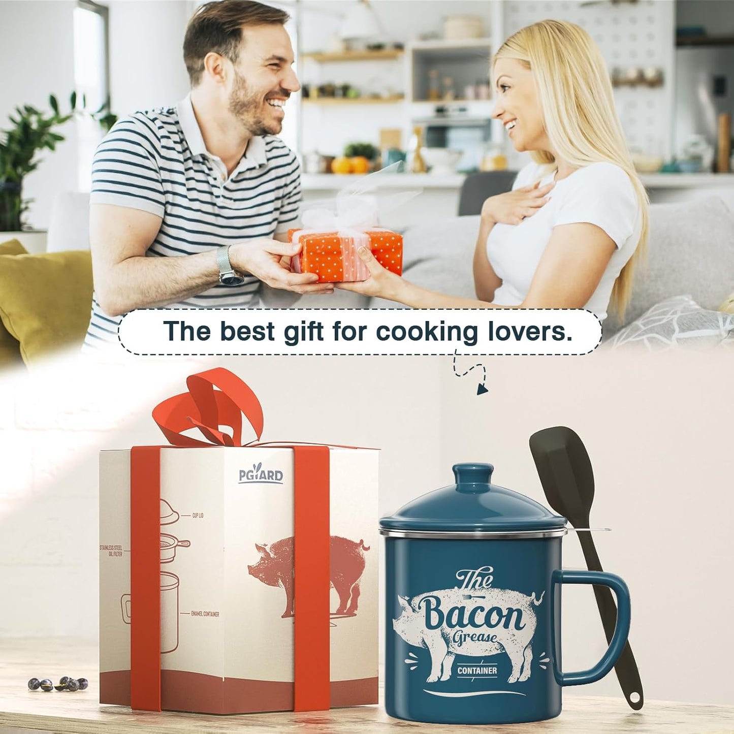 Skiennix Bacon Grease Container - 46oz Enamel Keeper with Strainer & Silicone Spatula | Dishwasher Safe - Blue