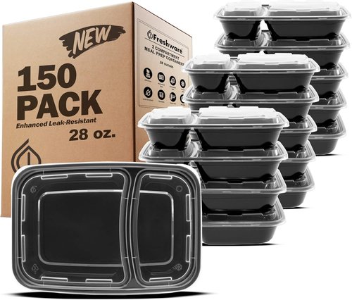 Freshware Meal Prep Containers - 150 Pack | 2-Compartment Bento Box, BPA-Free, Stackable, Microwave Safe (28 oz)