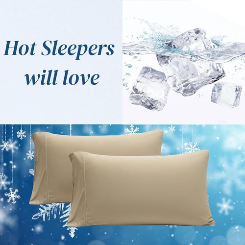 Beckham Hotel Collection Cooling Pillowcases - King Size Set of 2 | Silky Soft, Breathable, Moisture-Wicking, Sand