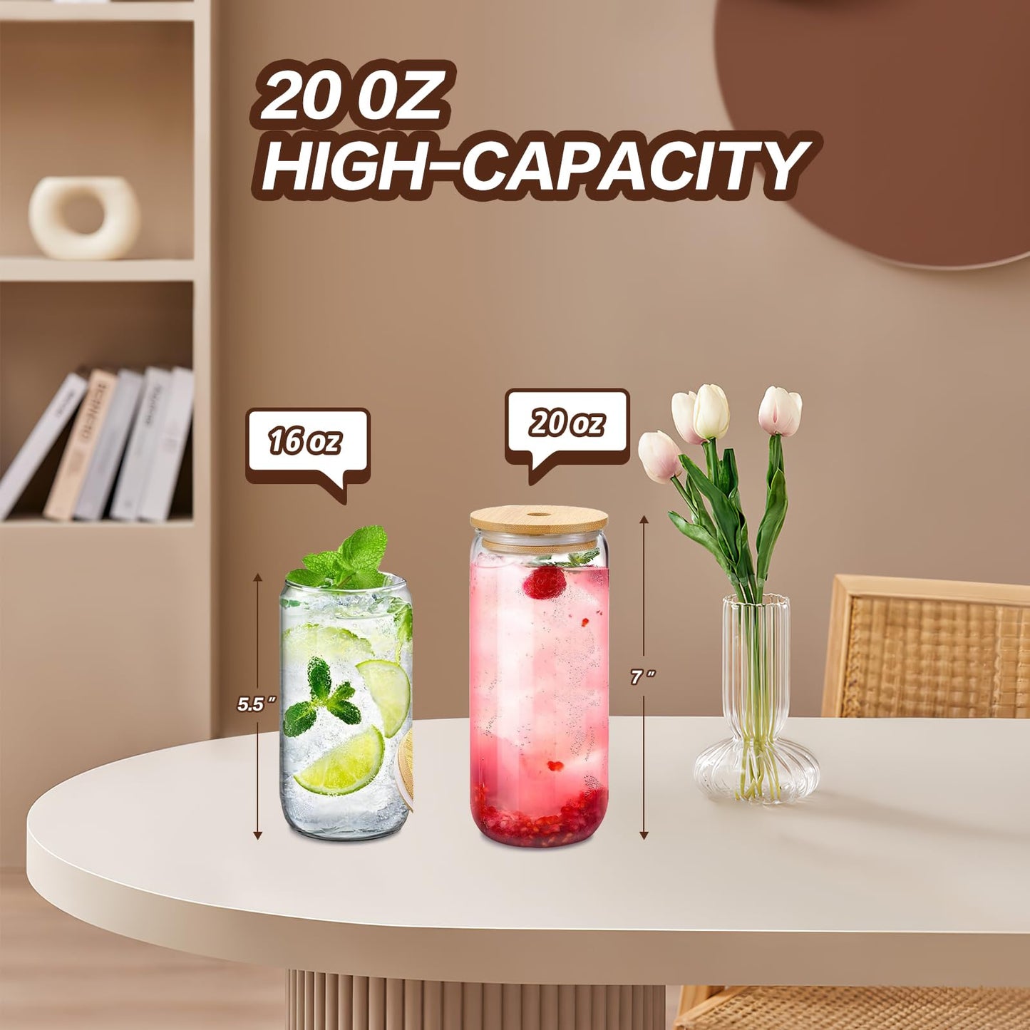 DAMCONME 20 Oz Glass Cups with Lids and Straws 1Pcs,Glass Cup with Bamboo Lid for Iced Coffee,Smoothie,Beer,Cocktail,Whiskey,Soda - 20 Oz Glass Tumbler with 2 Straws,1 Brush,Grey