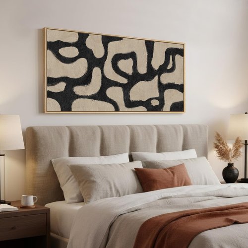 Framed Neutral Abstract Wall Art - Extra Large Black & Beige Canvas Print | Modern Mid-Century Decor 30x60 Inch