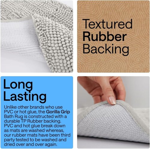 GORILLA GRIP Plush Chenille Bath Rug Mat - Soft Microfiber, Absorbent Design for Square Toilet Base - Light Gray