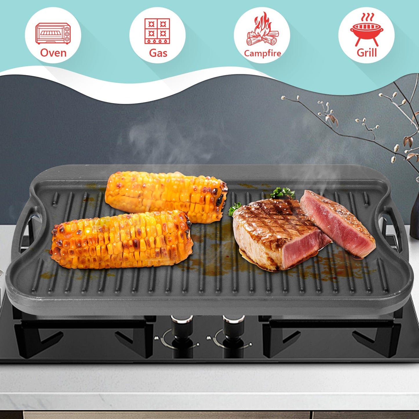 WEBROIL 2 in 1 Reversible Cast Iron Griddle for Gas Grill, Flat Top Grill Pan for Gas Stove, Pre-Seasoned Oven Top pan,Upgrade Double Burner Griddle for Indoor & Outdoor Cooking Accessories, 17" X 10"
