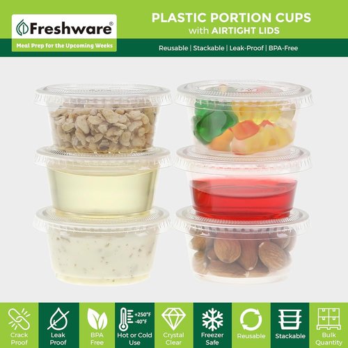 Freshware Portion Cups - 2 Ounce Disposable Plastic Cups with Lids | 100 Sets for Meal Prep & Sauces