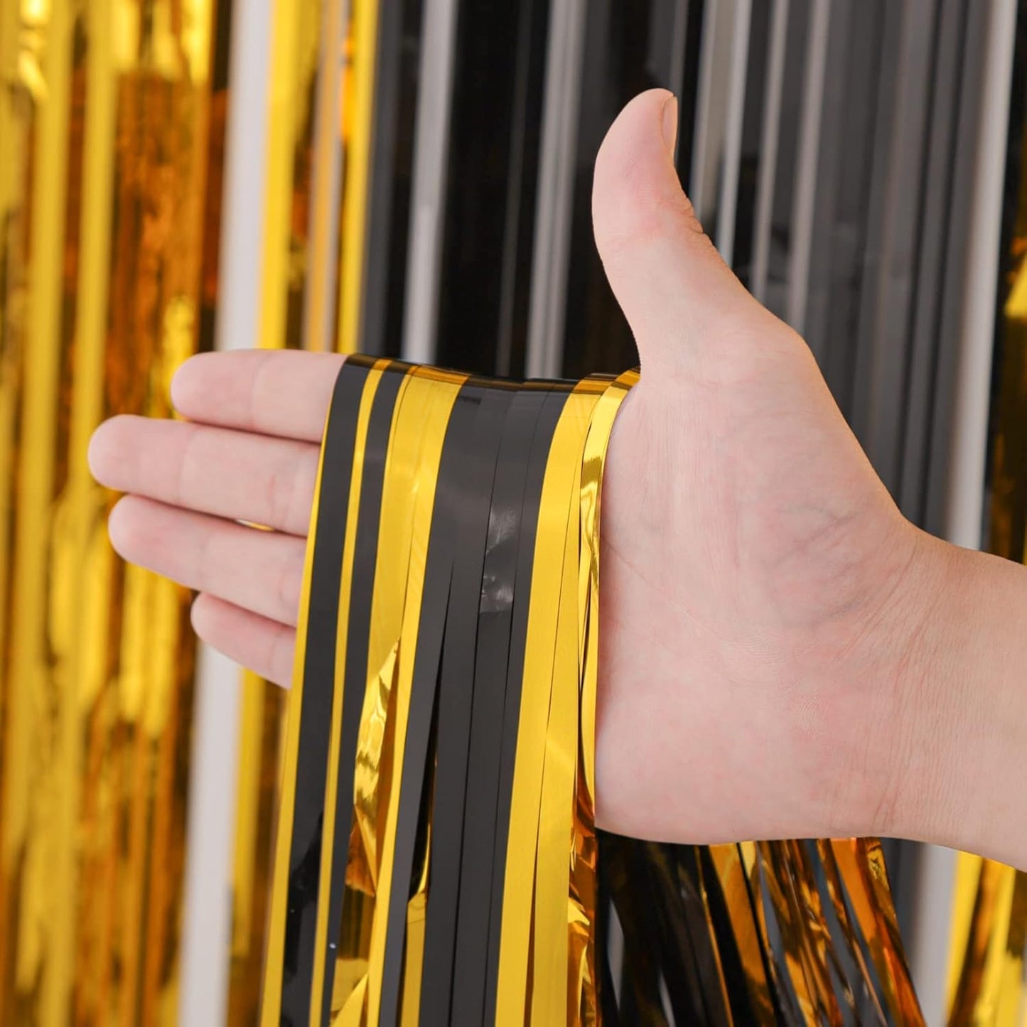 Voircoloria Black and Gold Foil Fringe Backdrop Curtains - 3 Pack Tinsel Streamers for Parties | 3.3x8.2 Feet