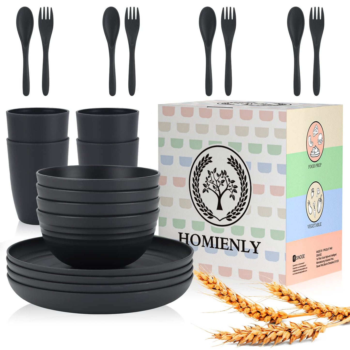 Wheat Straw Dinnerware Sets, Homienly 20pcs Unbreakable Microwave Dishwasher Safe Tableware Lightweight Bowls, Cups, Plates Set Reusable Dinner Plates Bowls set (Dark Grey)