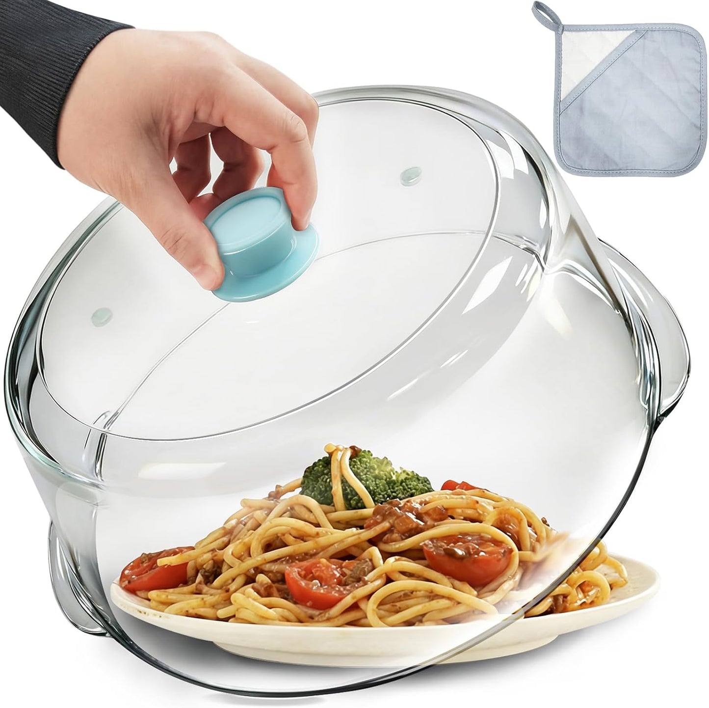 Skiennix Tall Glass Microwave Splatter Cover - 10in Food Safe Lid with Vent Hole & Silicone Knob