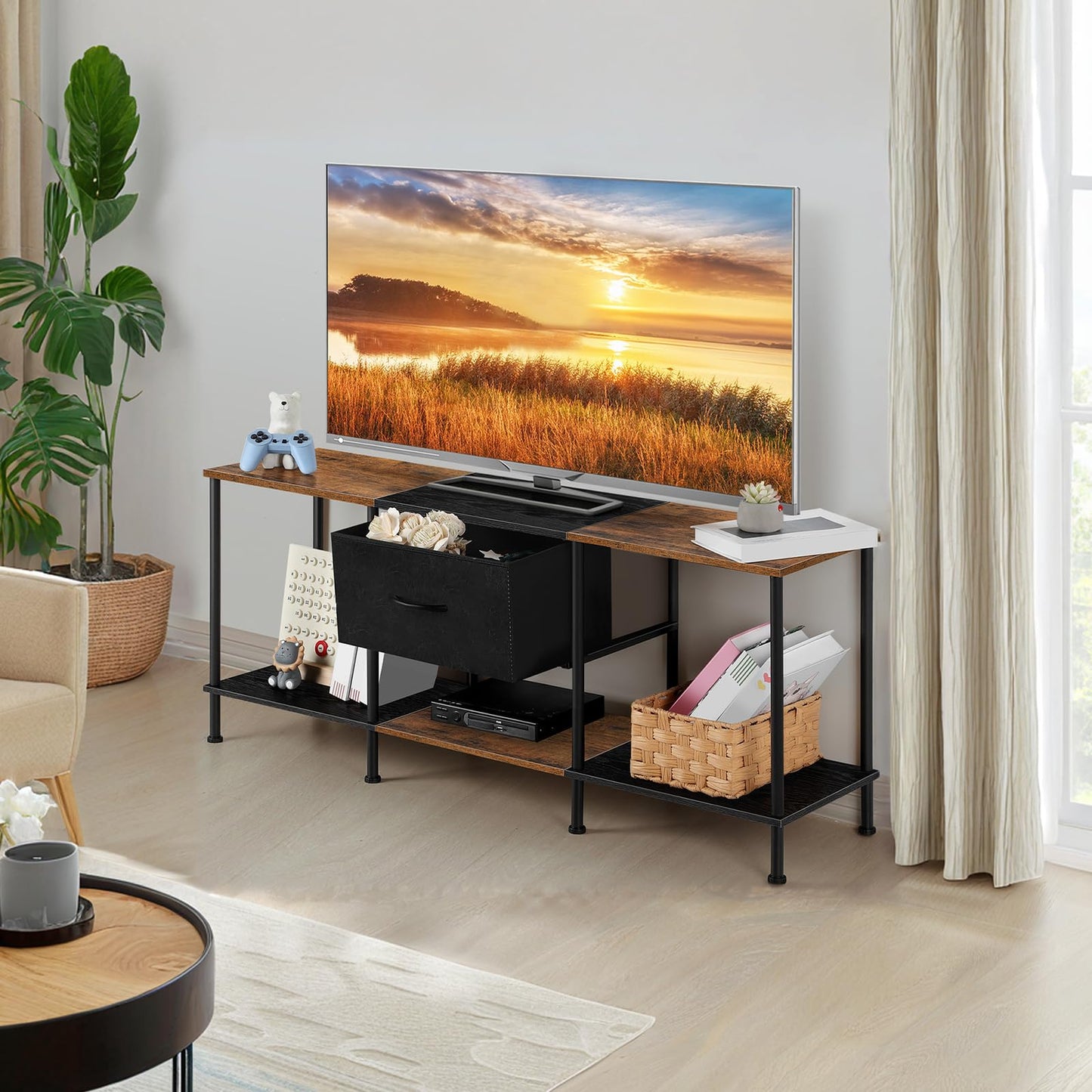 Vrisa TV Stand for 50/55 inch Television Entertainment Center with Storage Fabric Cabinet and Shelves Modern TV Console for Living Room Bedroom, Black+Grey