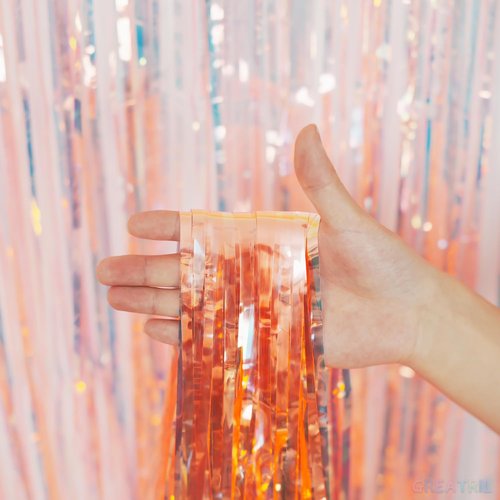GREATRIL Iridescent Orange Tinsel Foil Fringe Curtain - Perfect for Birthday Party Backdrop | 3.2 x 6.5 ft, 2 Packs