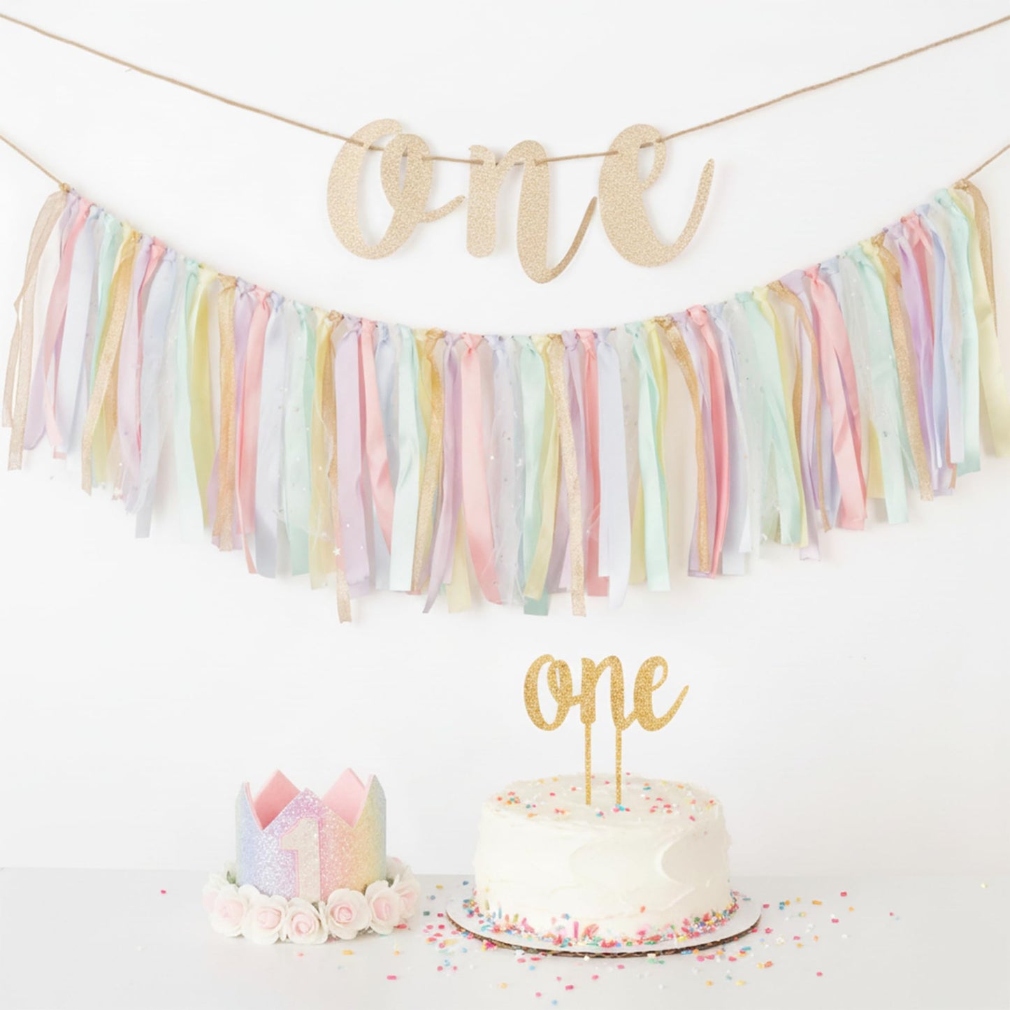PapaKit Girls 1st Birthday High Chair Premium Decoration Set - Pastel Rainbow Ribbon Garland, Crown, One Banner & Cake Topper | Unicorn, Donut & Ice Cream Theme Cake Smash Photo Pro