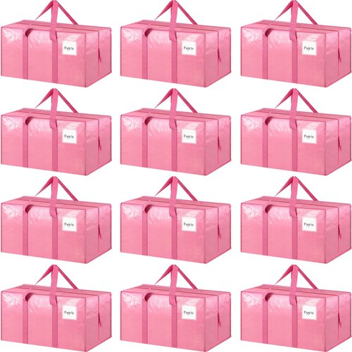 12 Pack Extra Heavy Duty Large Moving Bags with Strong Zipper & Comfortable Handles, Sturdy & Durable Clothes Storage Bags Totes Bins, Packing Moving Boxes for College Supplies, Pink